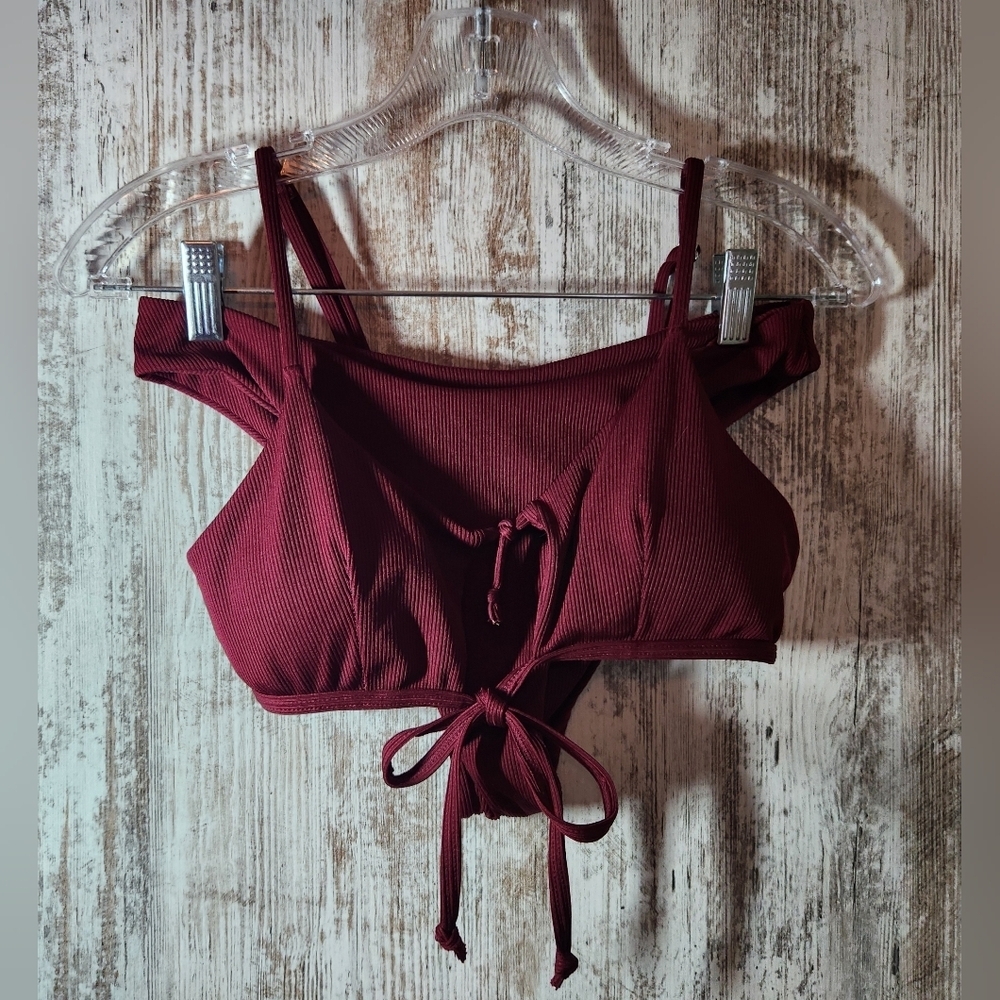 Zaful Ribbed Wine Red Tie-Front Bikini Top